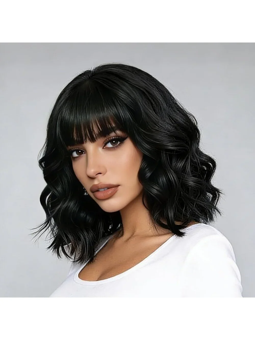 Women's Black 14 Inch Heat Resistant Short Bangs Bob Modern Wavy Wigs
